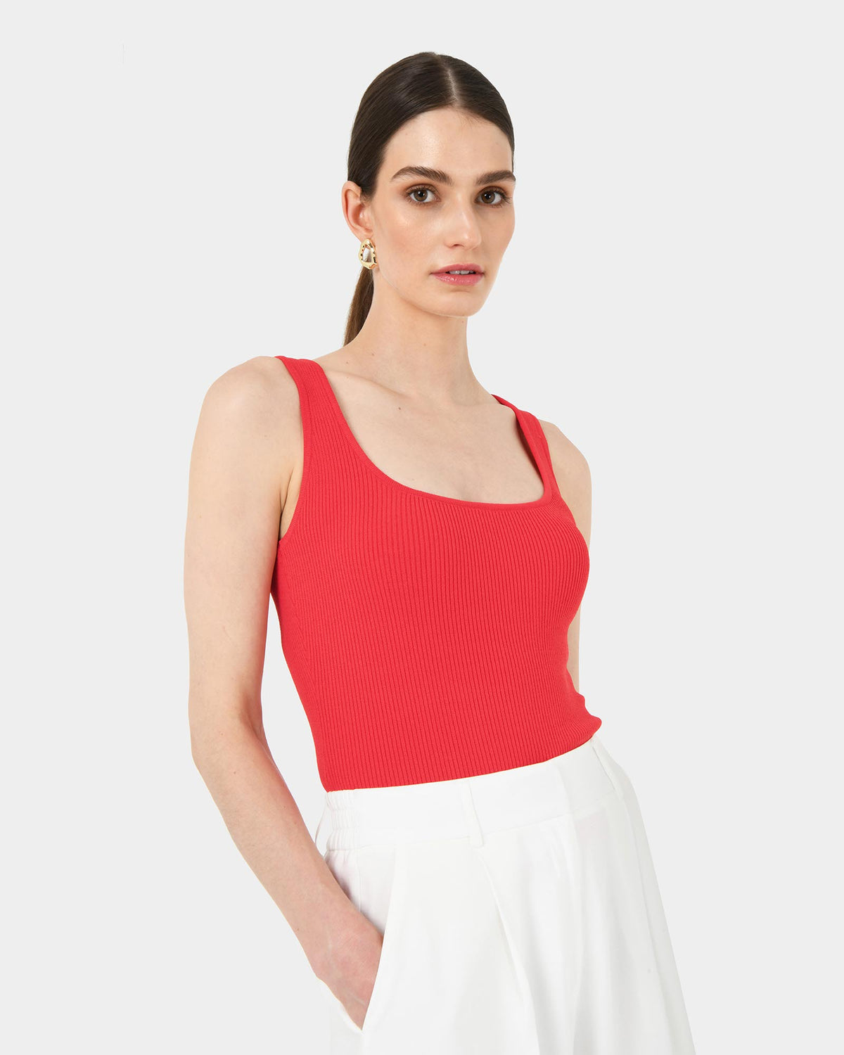 Vivi Rib Knit Tank Top in red — close-up view
