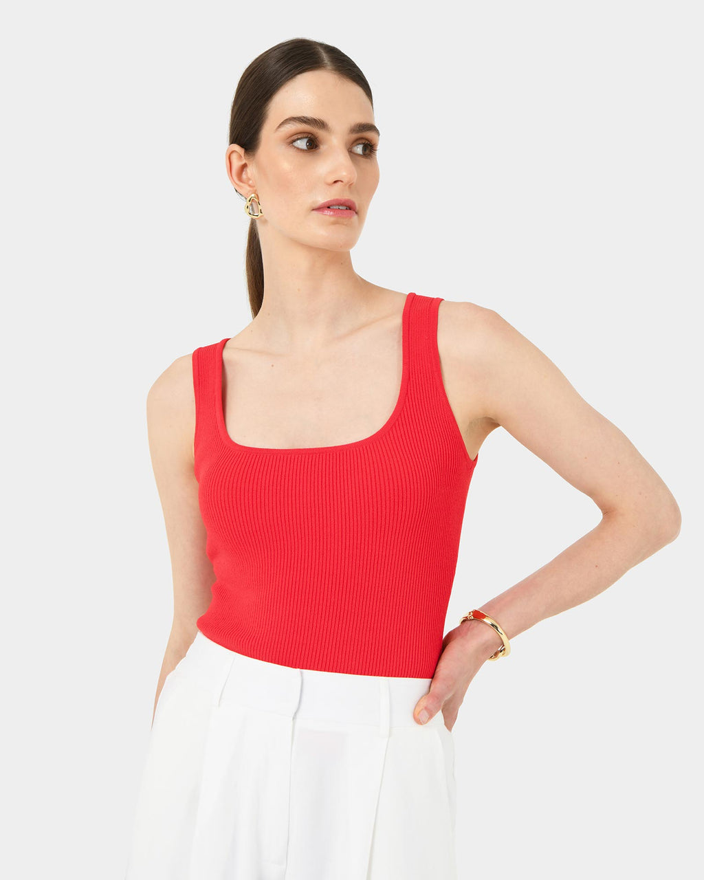 Vivi Rib Knit Tank Top in red — close-up view 2