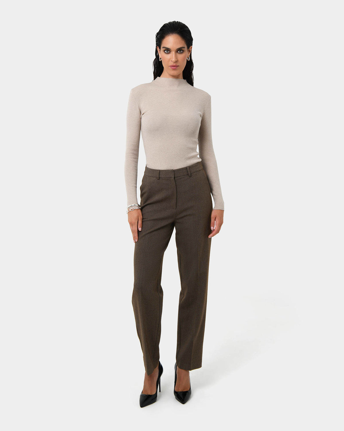 Aviya High Waisted Trouser in sepia — full-length view