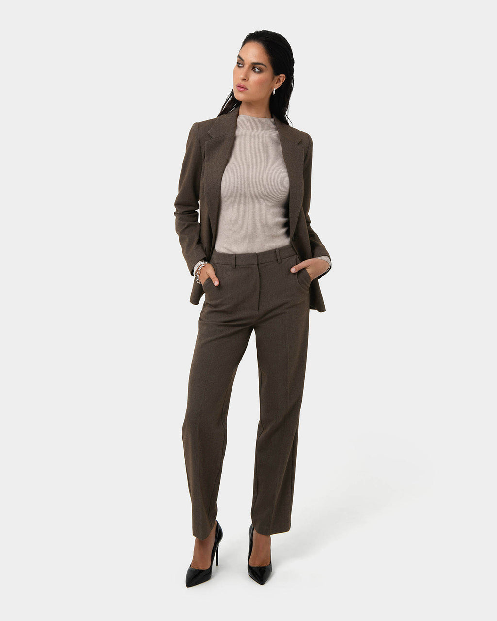 Aviya High Waisted Trouser in sepia — full-length view 2