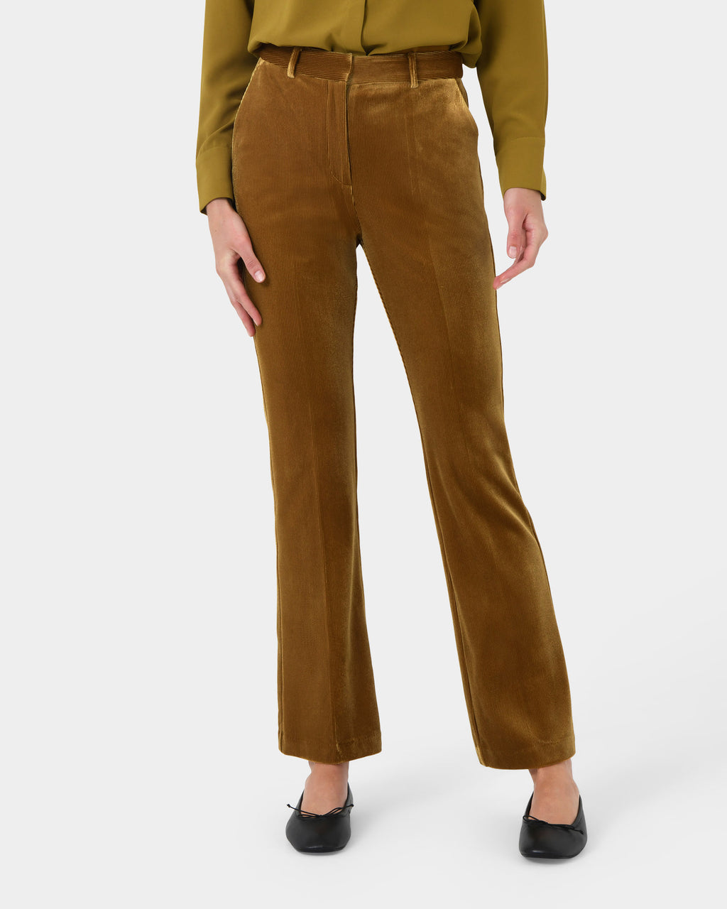 Rowan Corduroy Pants in dark olive — close-up view