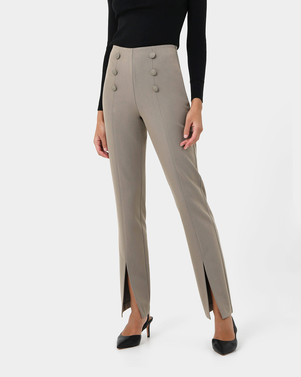 Emory Split Hem Pants in vintage khaki — close-up view