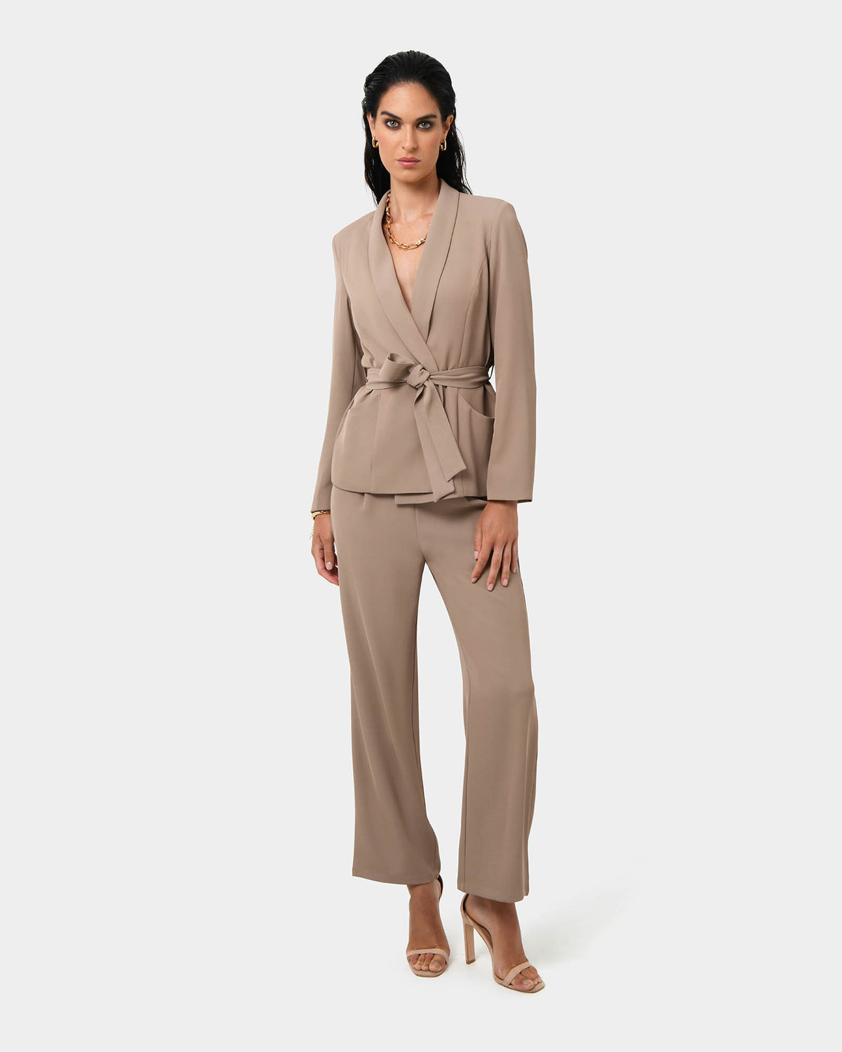 Rain Elastic Waist Pants in camel — full-length view