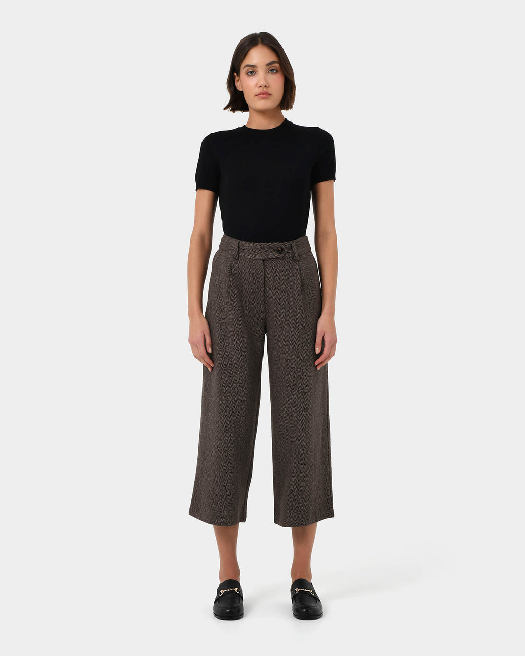 Kyrie Herringbone Culotte in brown — full-length view