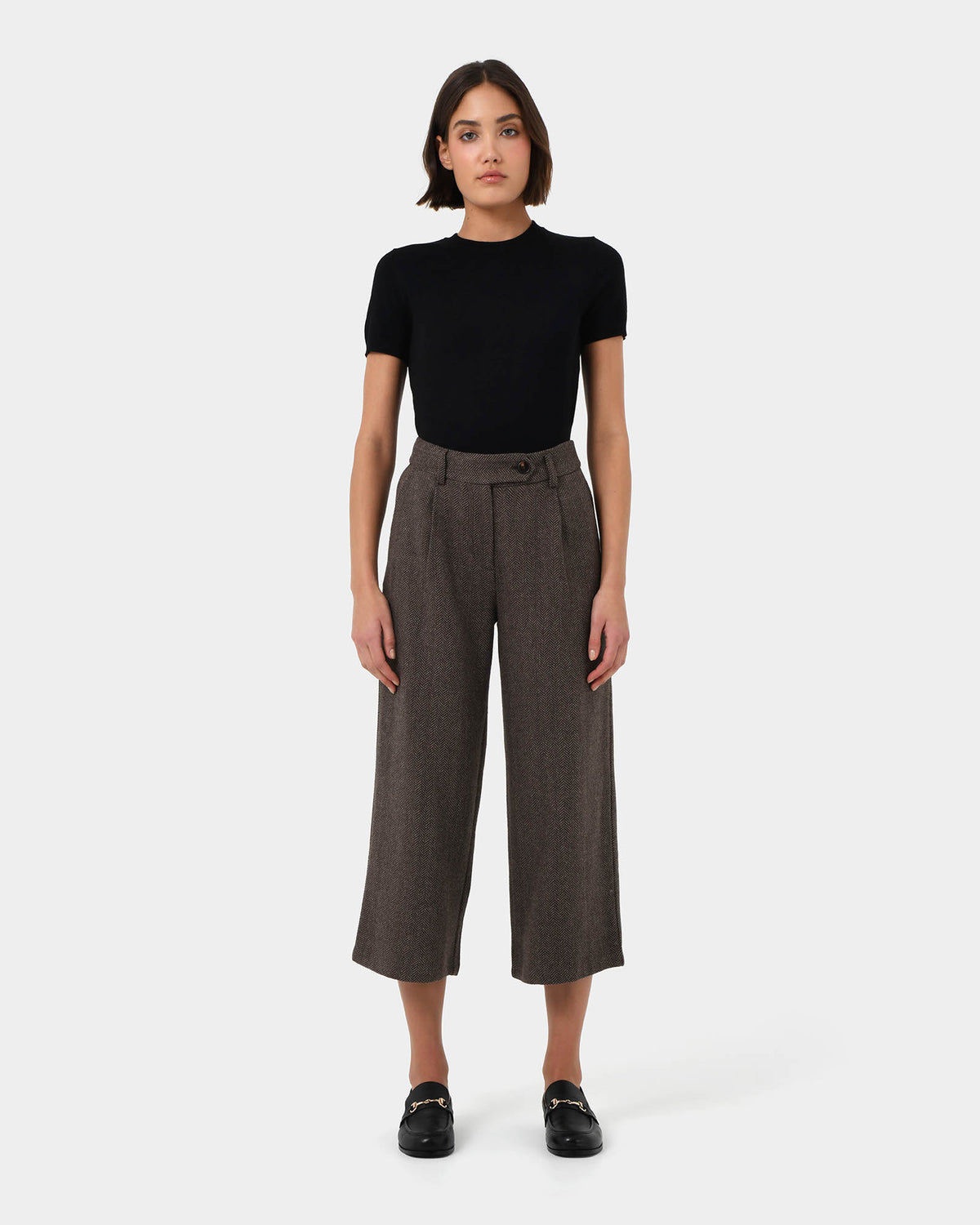 Kyrie Herringbone Culotte in brown — full-length view