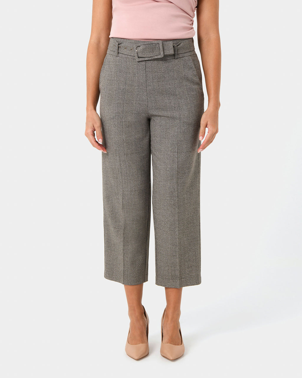 Kai Checked Crop Pants in beige black — close-up view