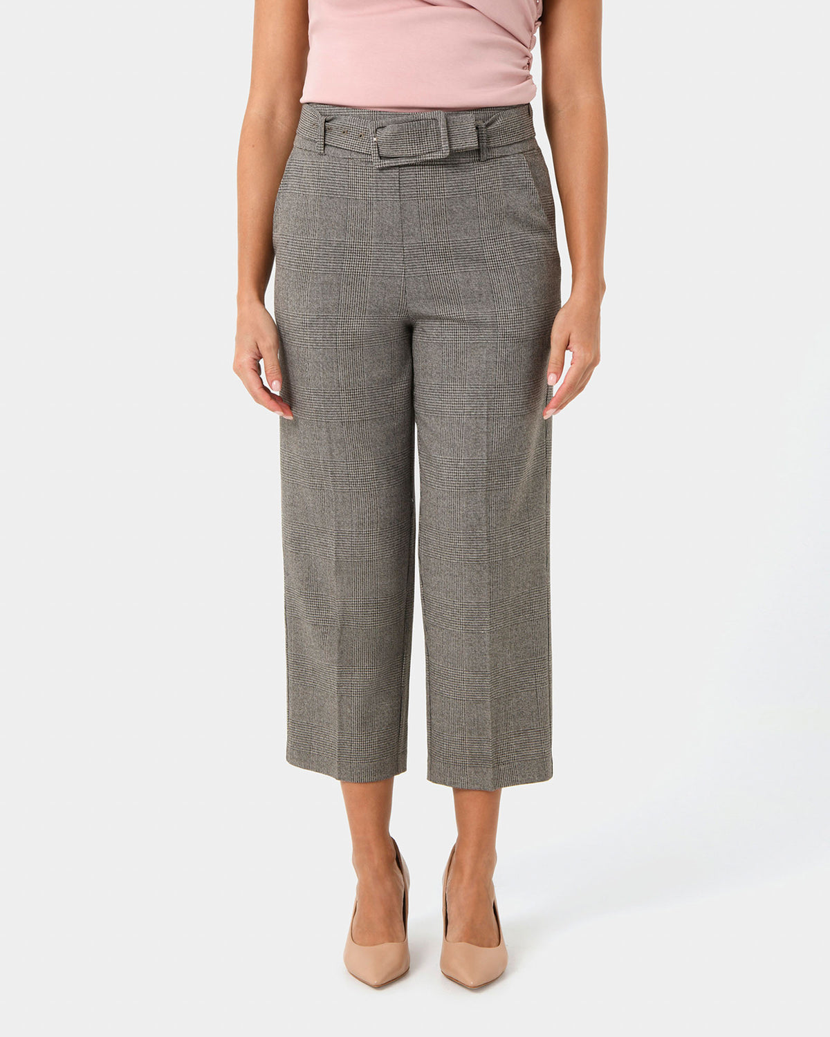 Kai Checked Crop Pants in beige black — close-up view