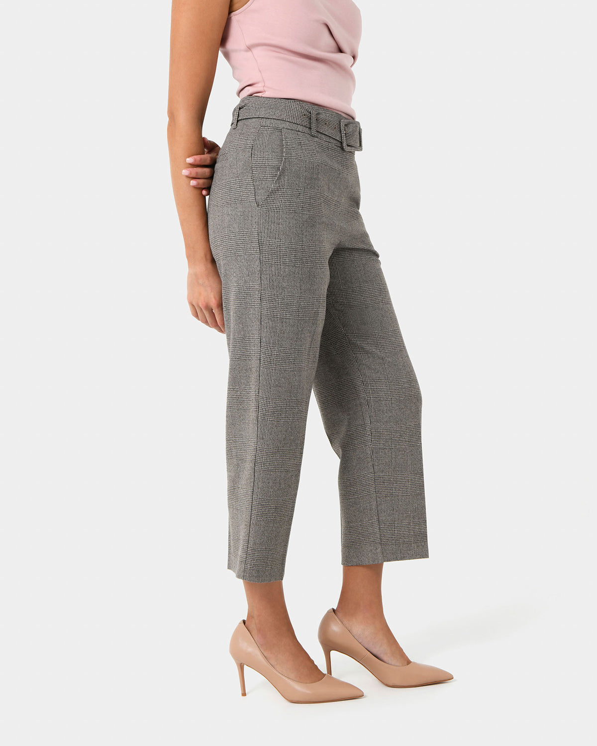 Kai Checked Crop Pants in beige black — side view 2
