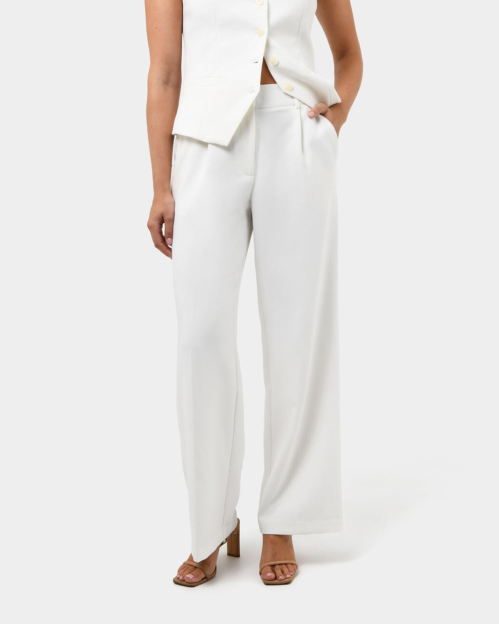 Nikki Tailored Elastic Pants in ivory — close-up view