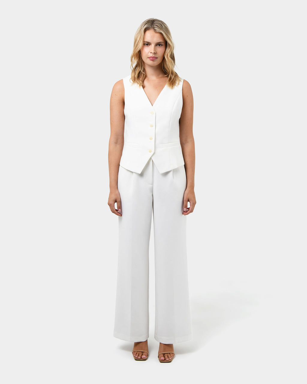Nikki Tailored Elastic Pants in ivory — full-length view