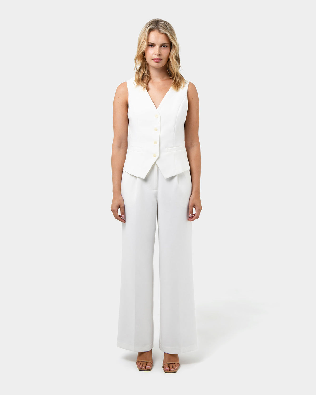 Nikki Tailored Elastic Pants in ivory — full-length view