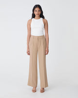Nikki Tailored Elastic Pants in warm taupe — full-length view