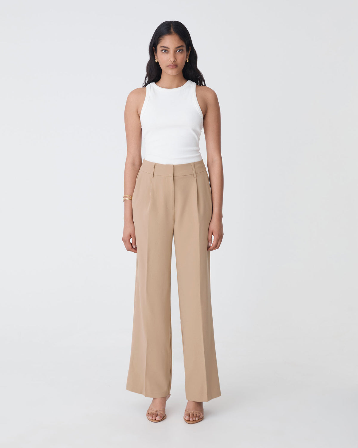Nikki Tailored Elastic Pants in warm taupe — full-length view