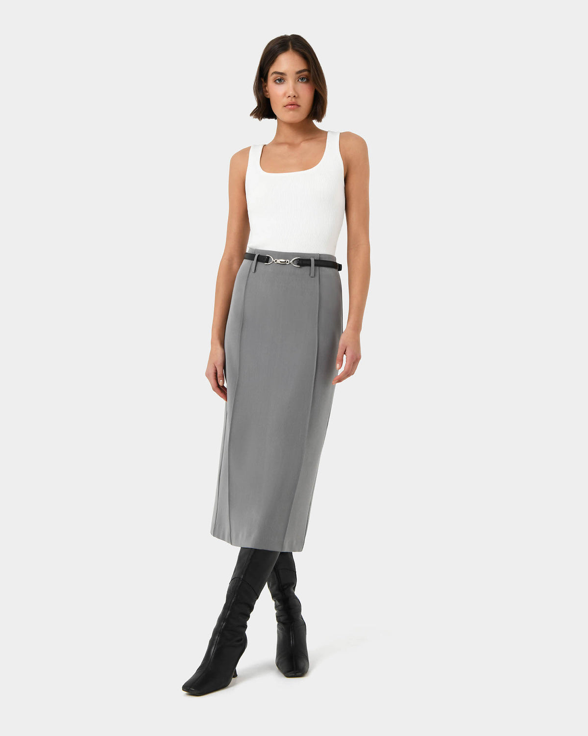 Joelle Column Skirt in grey — full-length view