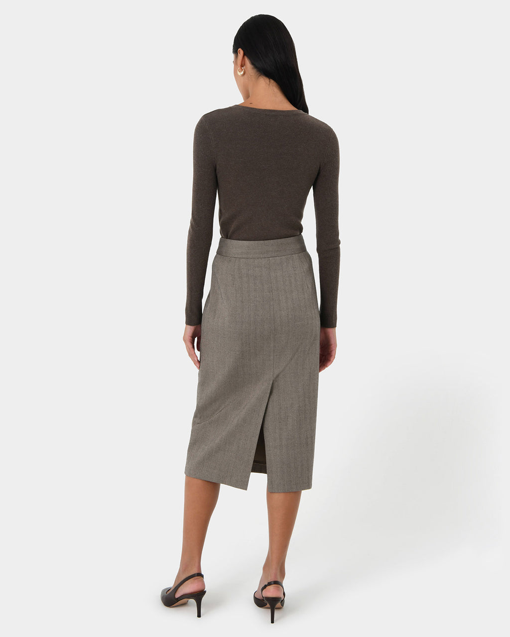 Allara Herringbone Midi Skirt in beige brown — back view