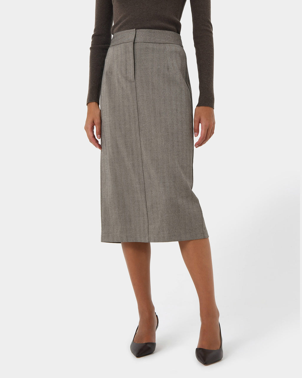 Allara Herringbone Midi Skirt in beige brown — close-up view