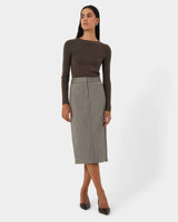 Allara Herringbone Midi Skirt in beige brown — full-length view