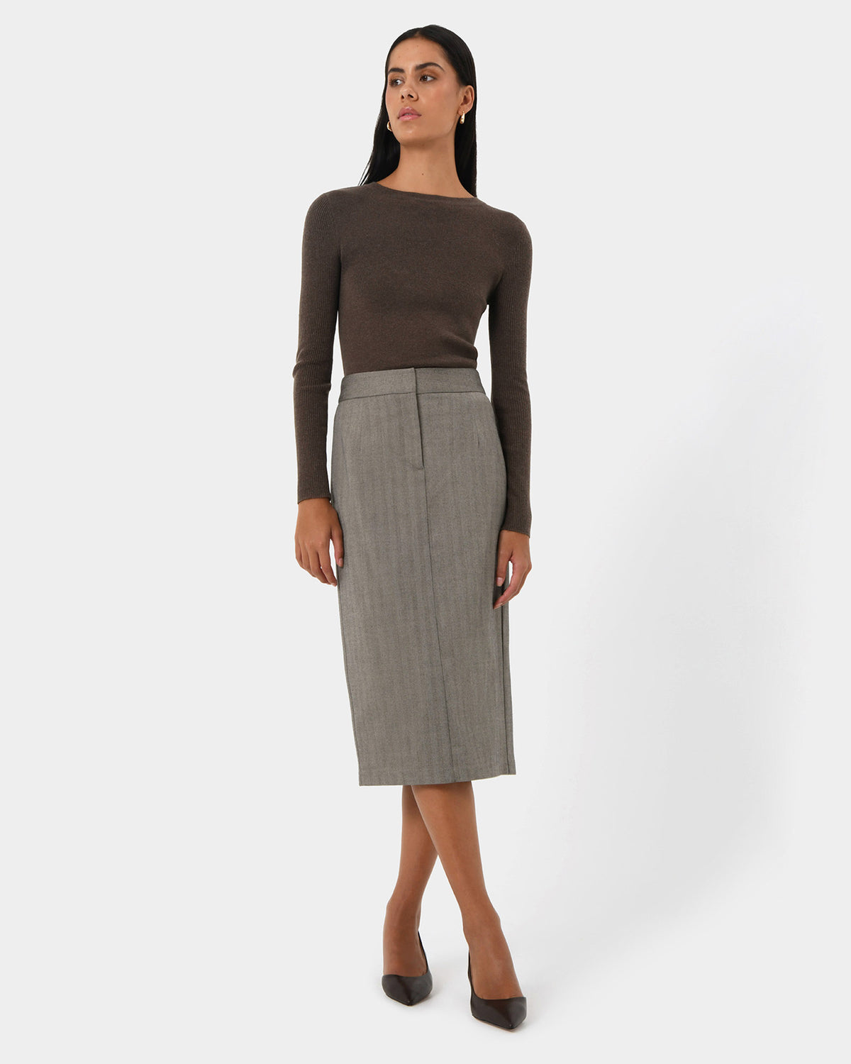 Allara Herringbone Midi Skirt in beige brown — full-length view