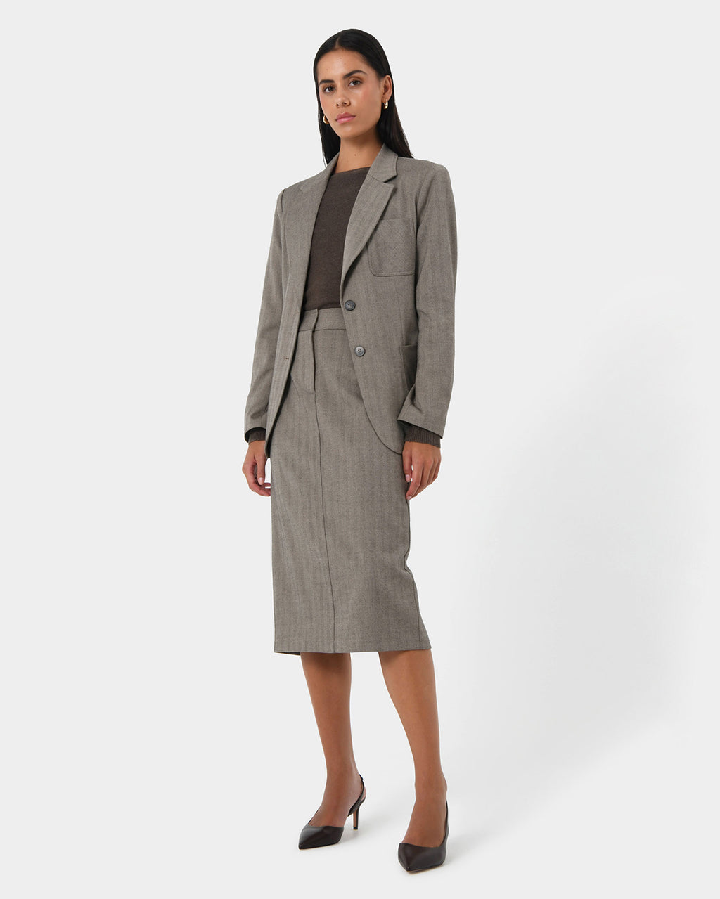 Allara Herringbone Midi Skirt in beige brown — full-length view 2