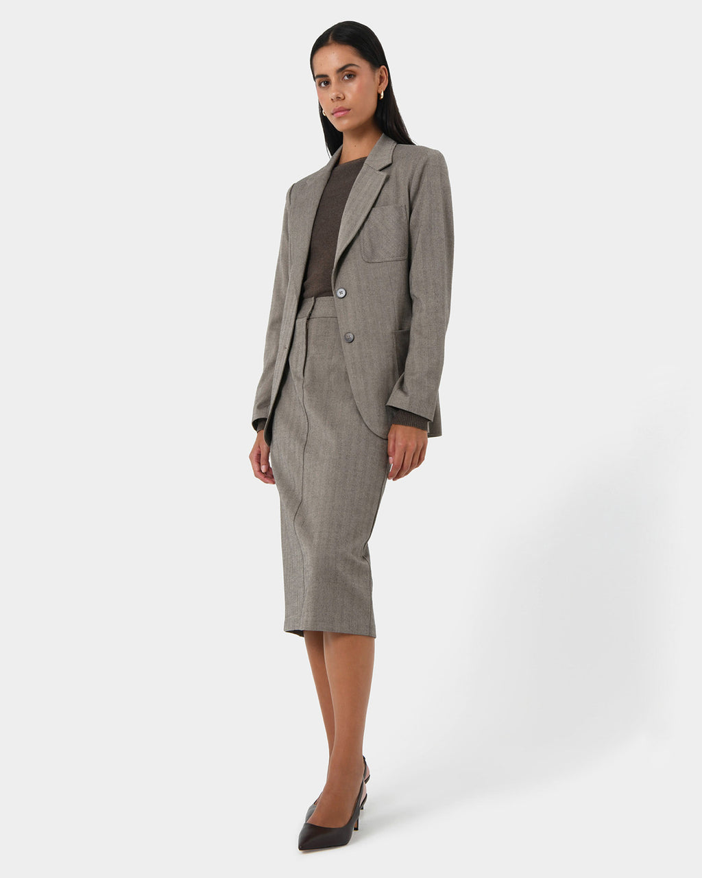 Allara Herringbone Midi Skirt in beige brown — side view