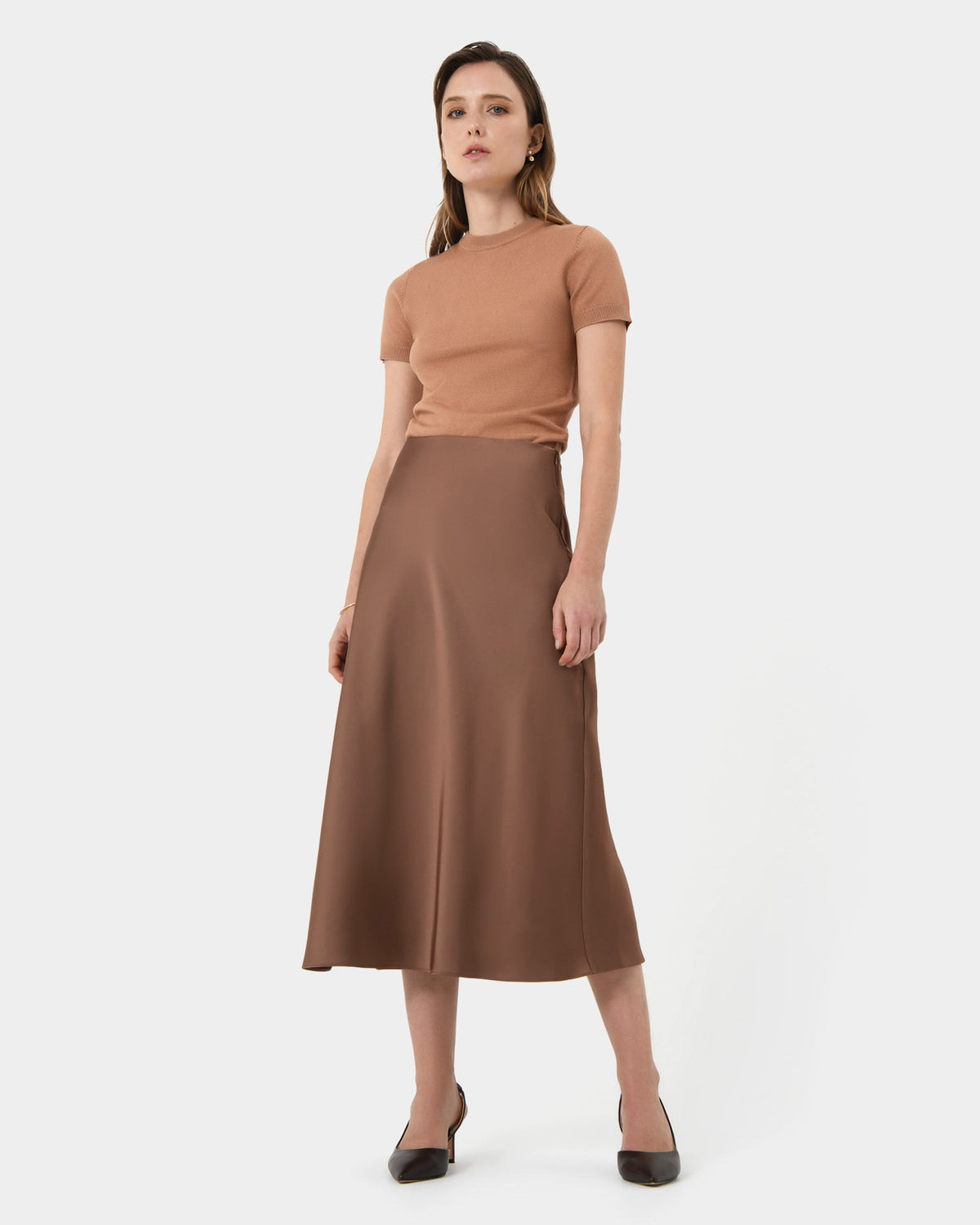 Kalena Satin Bias Skirt in dark camel — view 2