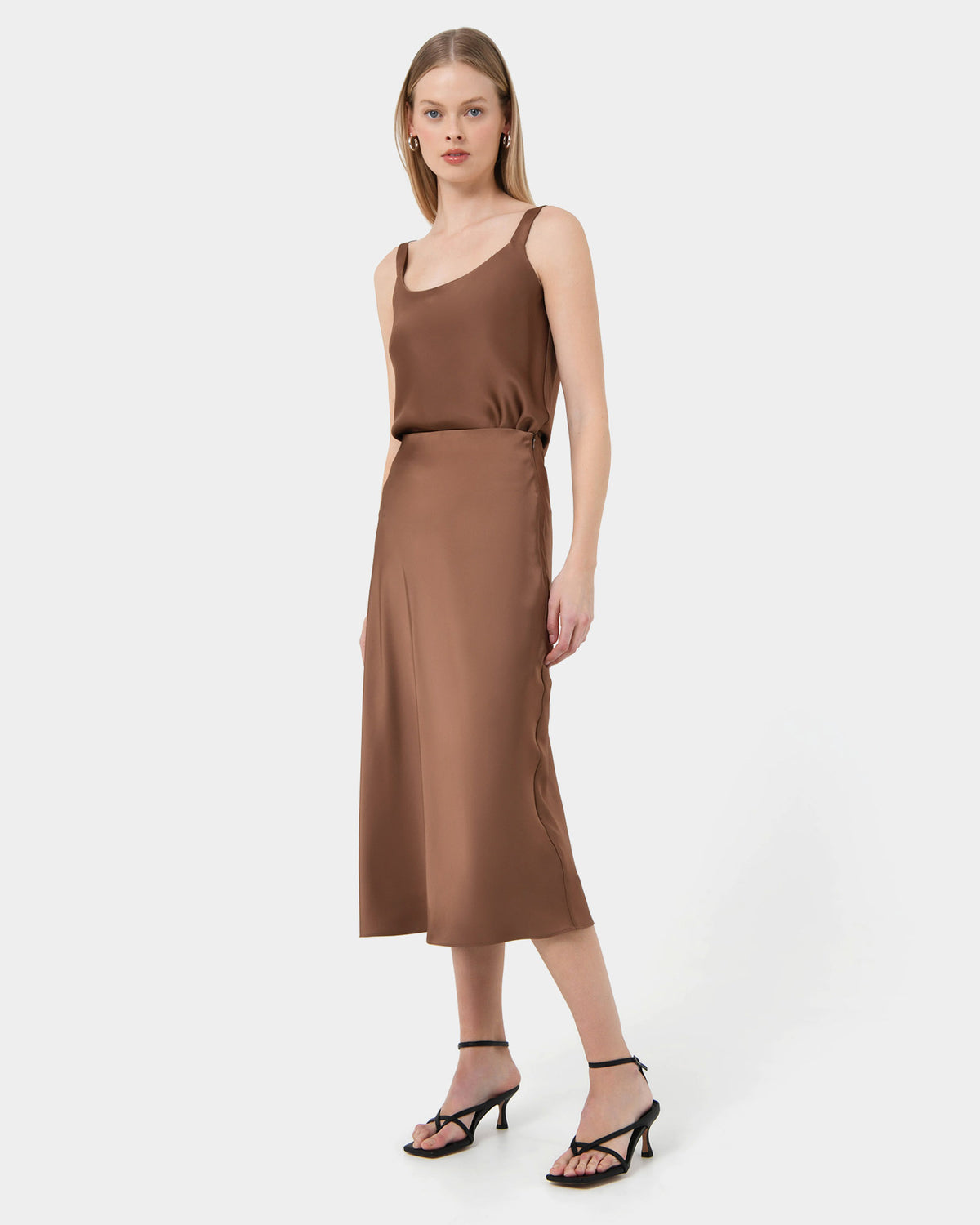 Kalena Satin Bias Skirt in dark camel — view 3