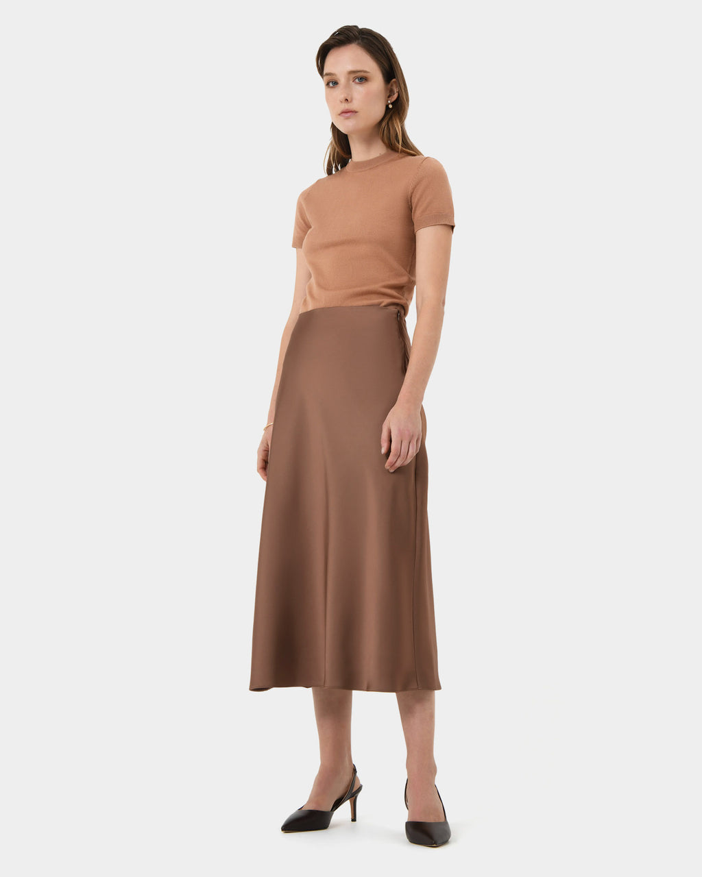 Kalena Satin Bias Skirt in dark camel — view 4