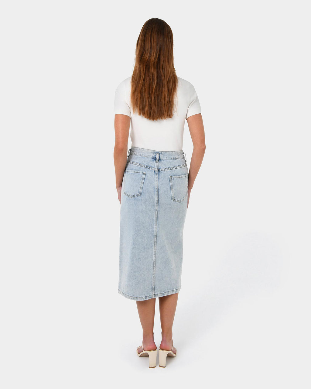 Veronique Midi Denim Skirt in blue wash — back view