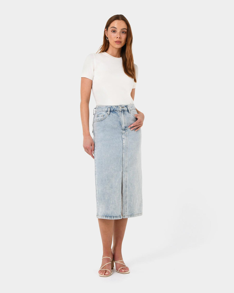 Veronique Midi Denim Skirt in blue wash — full-length view