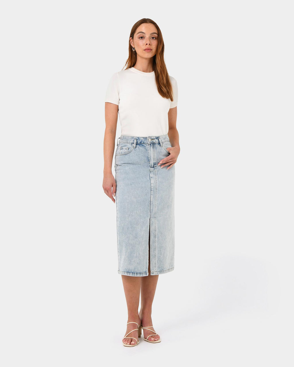 Veronique Midi Denim Skirt in blue wash — full-length view 2