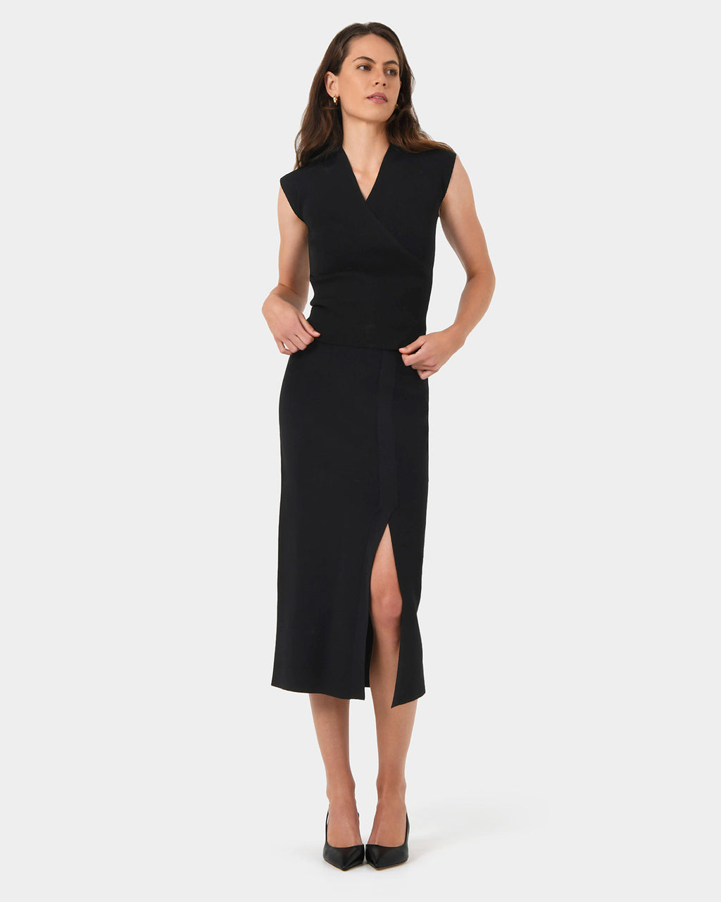 Betty Knit Split Skirt in black — full-length view