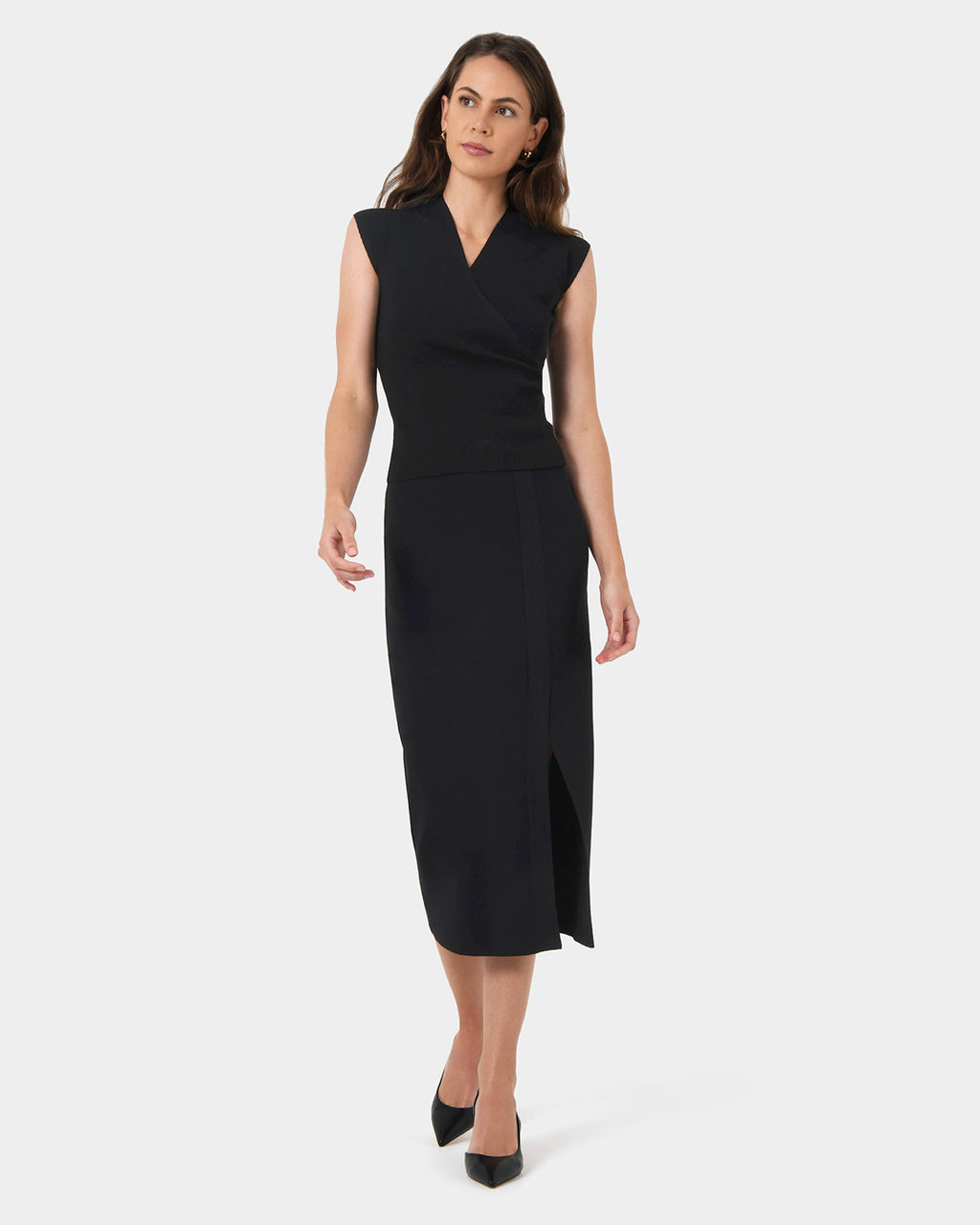 Betty Knit Split Skirt in black — full-length view 2