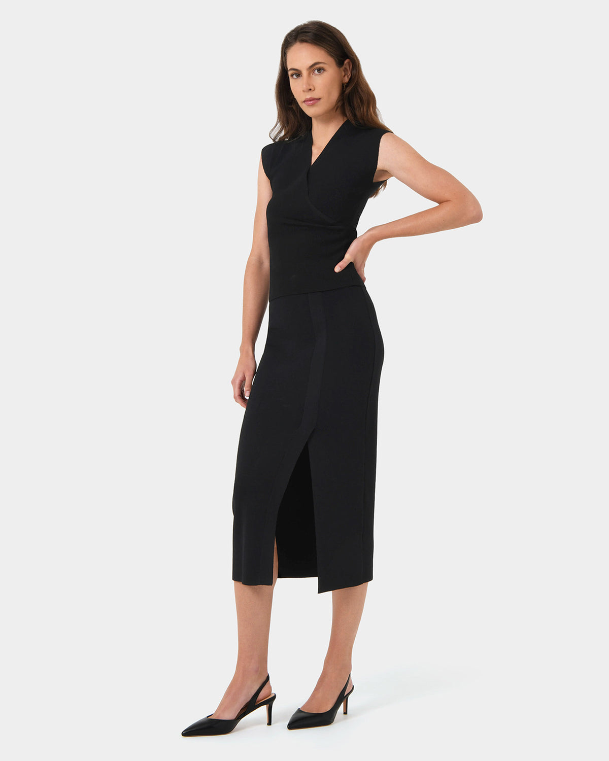Betty Knit Split Skirt in black — side view