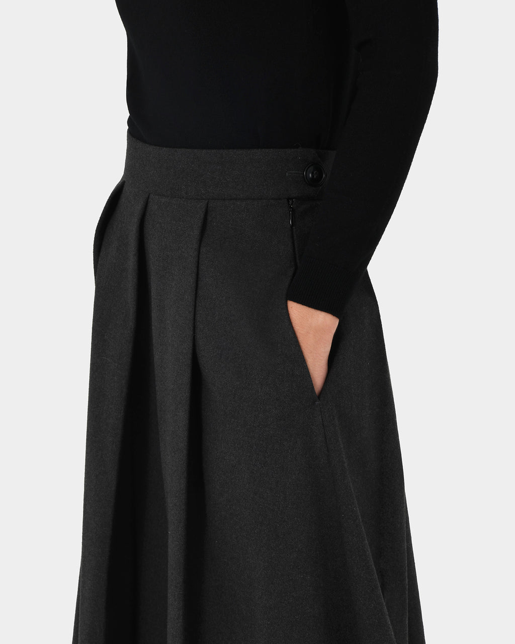Ryan Pleated Midi Skirt in dark charcoal — fabric detail