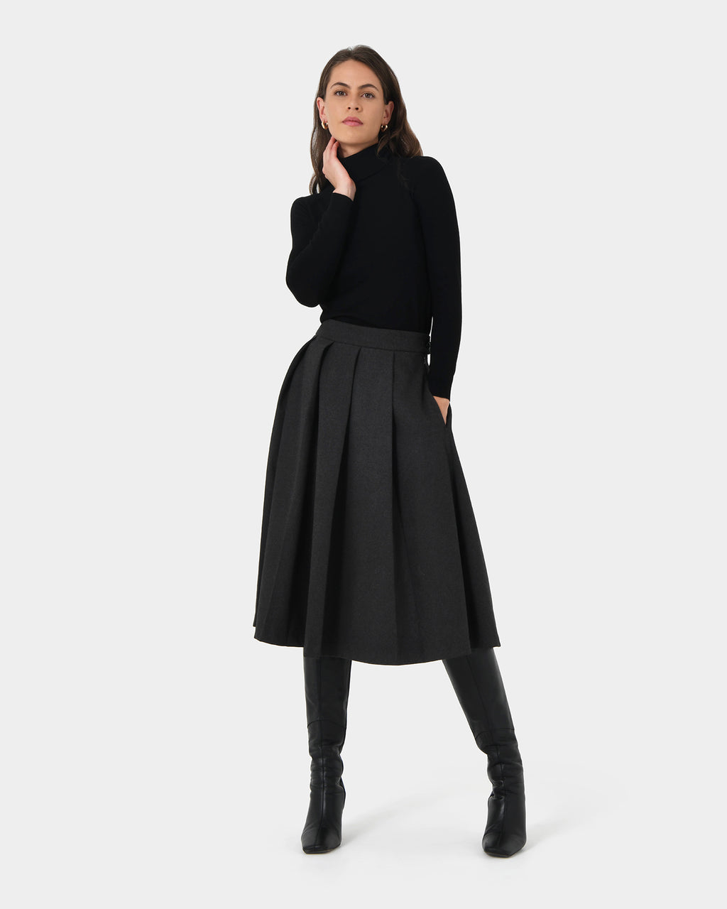 Ryan Pleated Midi Skirt in dark charcoal — full-length view