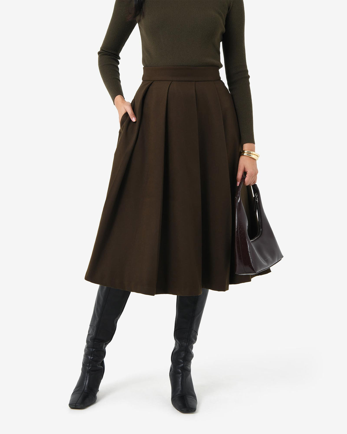 Ryan Pleated Midi Skirt in espresso — close-up view