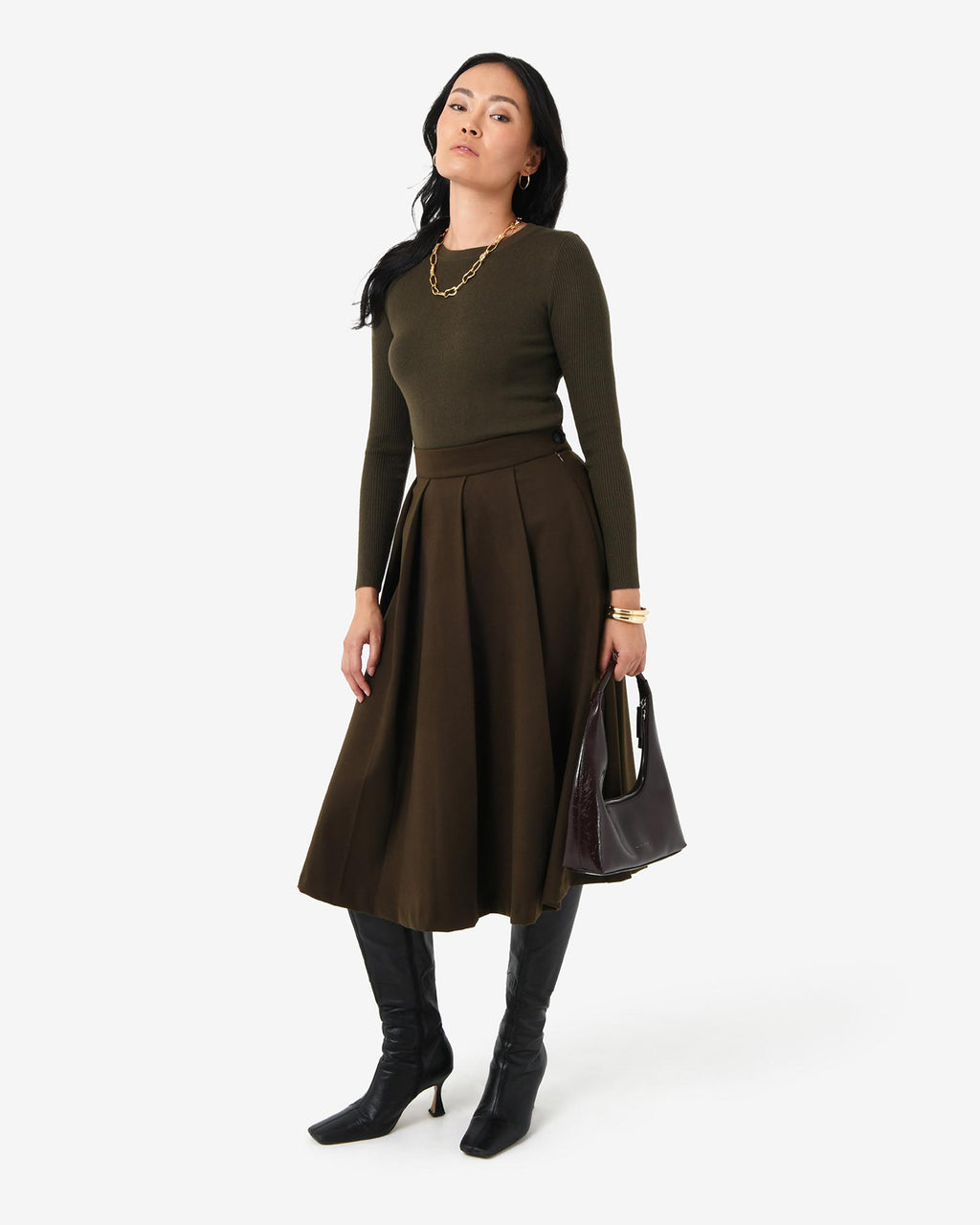 Ryan Pleated Midi Skirt in espresso — full-length view 2