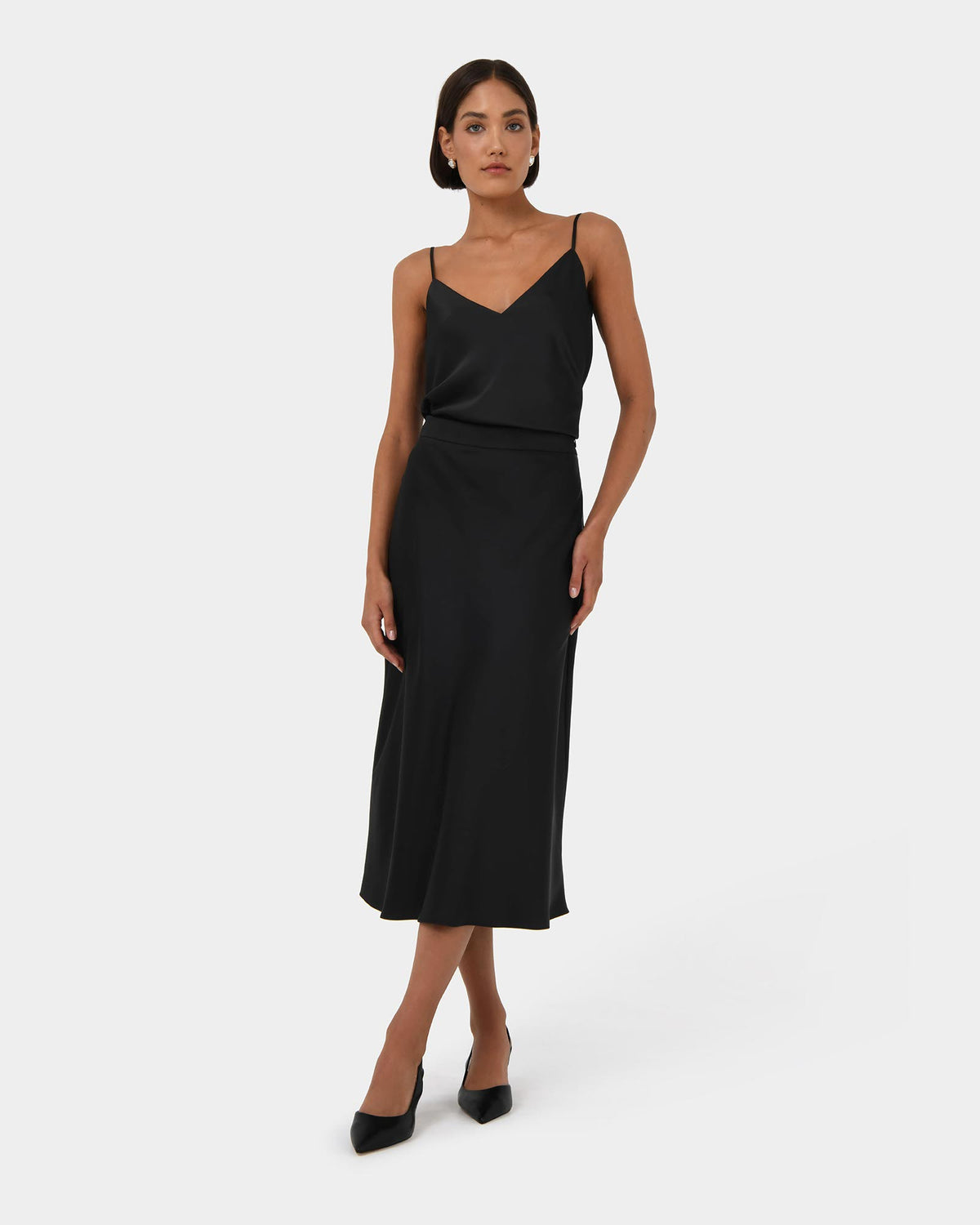 Joy Satin Midi Skirt in black — full-length view 2