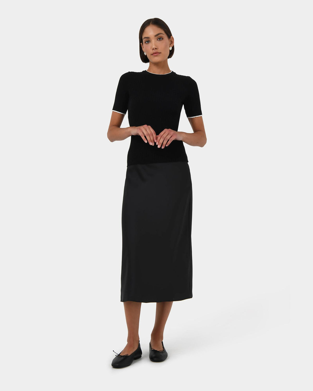 Joy Satin Midi Skirt in black — full-length view 3