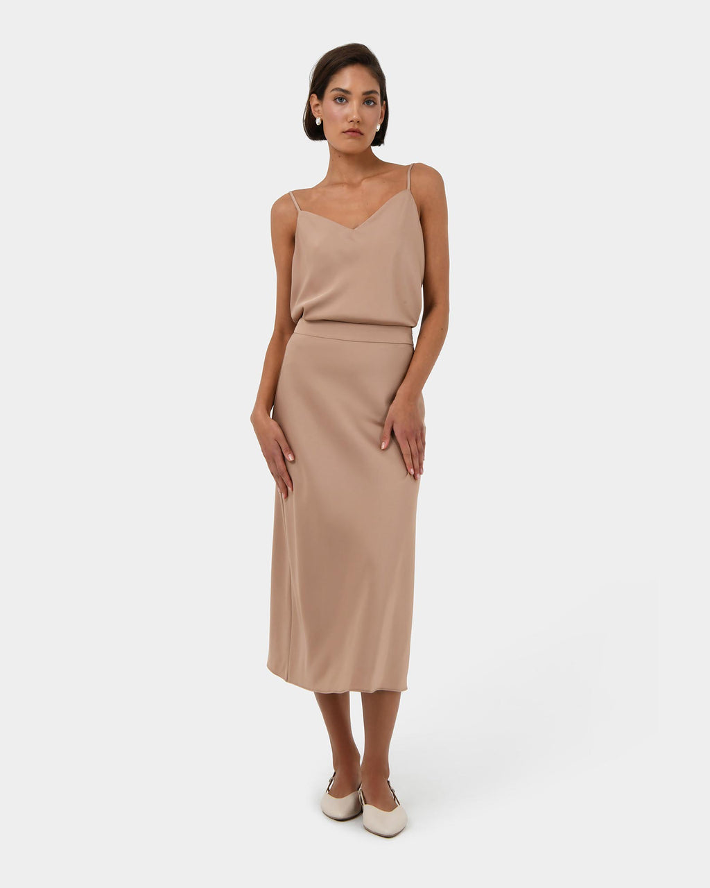 Joy Satin Midi Skirt in warm taupe — full-length view