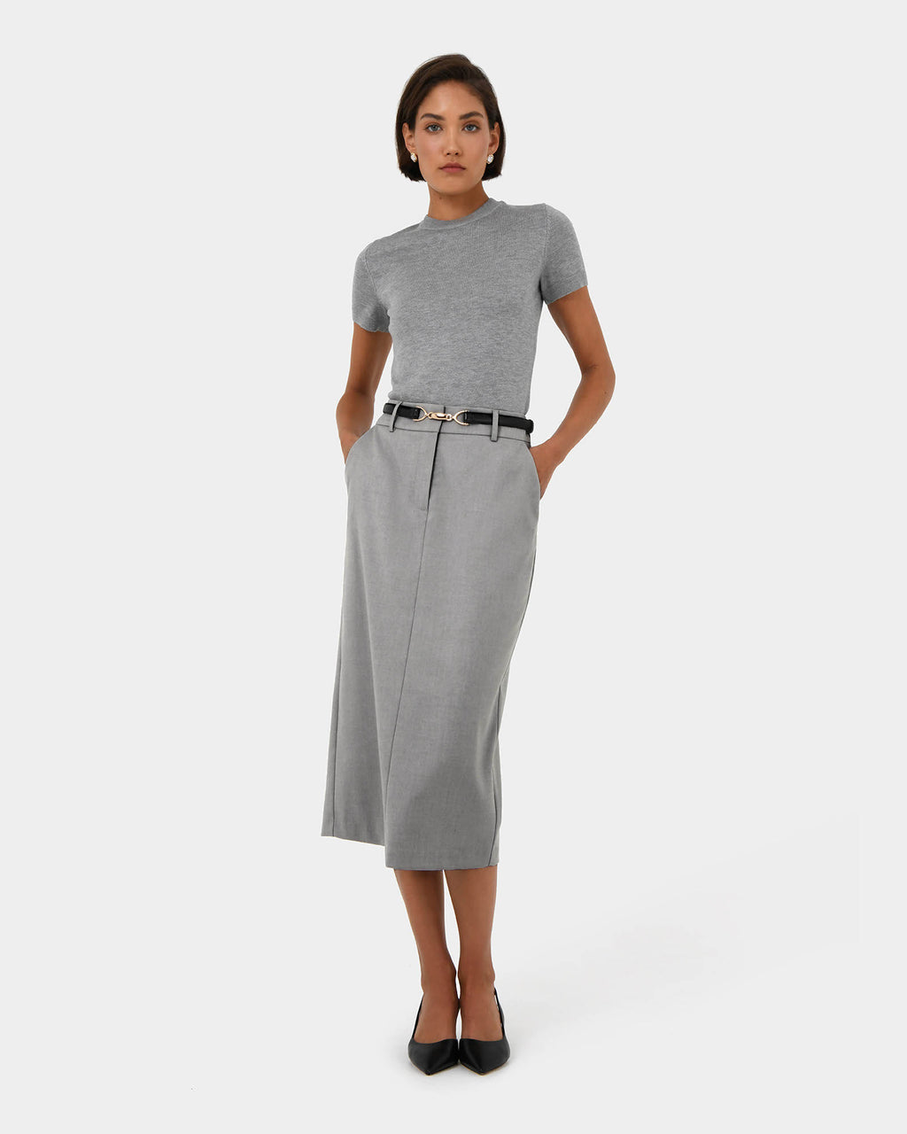 Chloe Panel Skirt in grey — full-length view