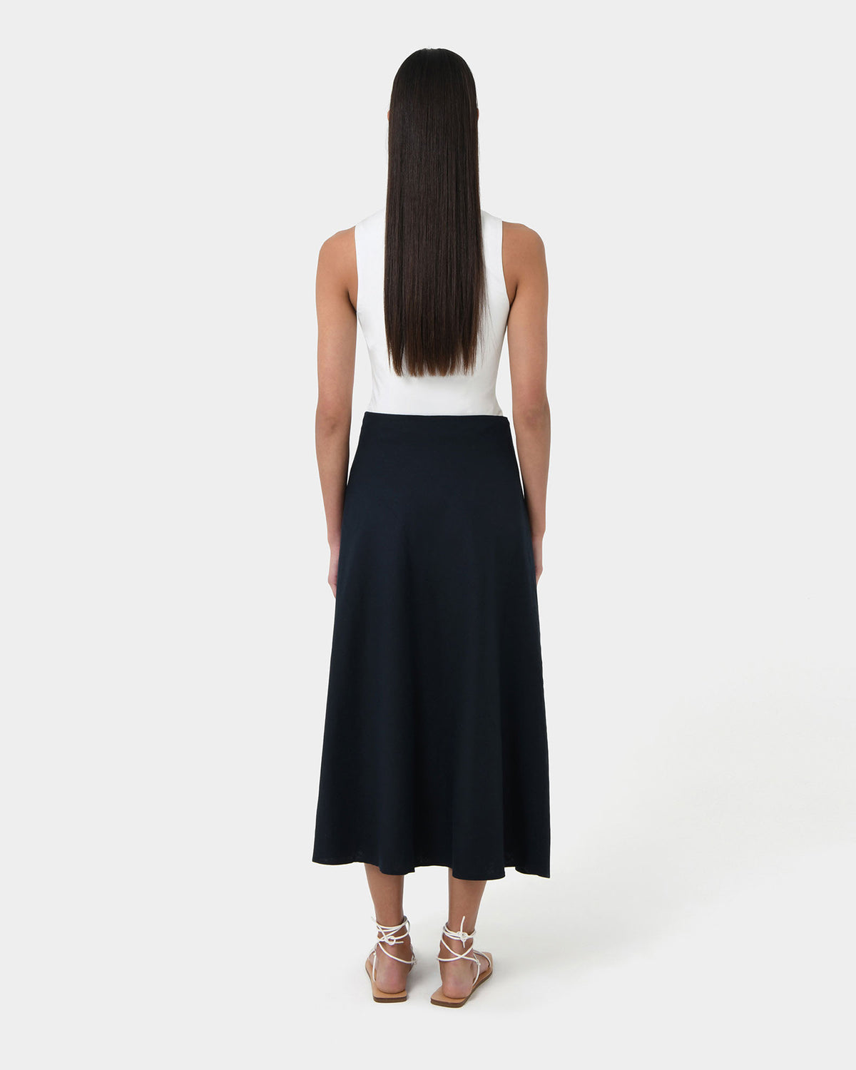 Kade Linen Blend Midi Skirt in navy — back view