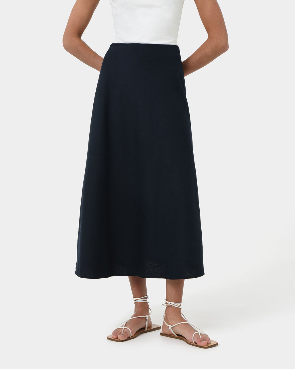 Kade Linen Blend Midi Skirt in navy — close-up view