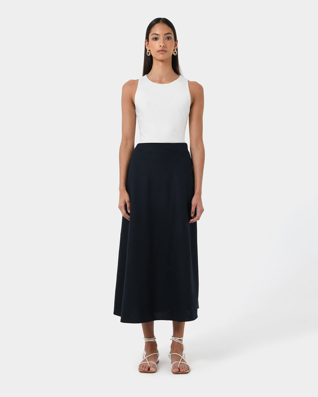 Kade Linen Blend Midi Skirt in navy — full-length view