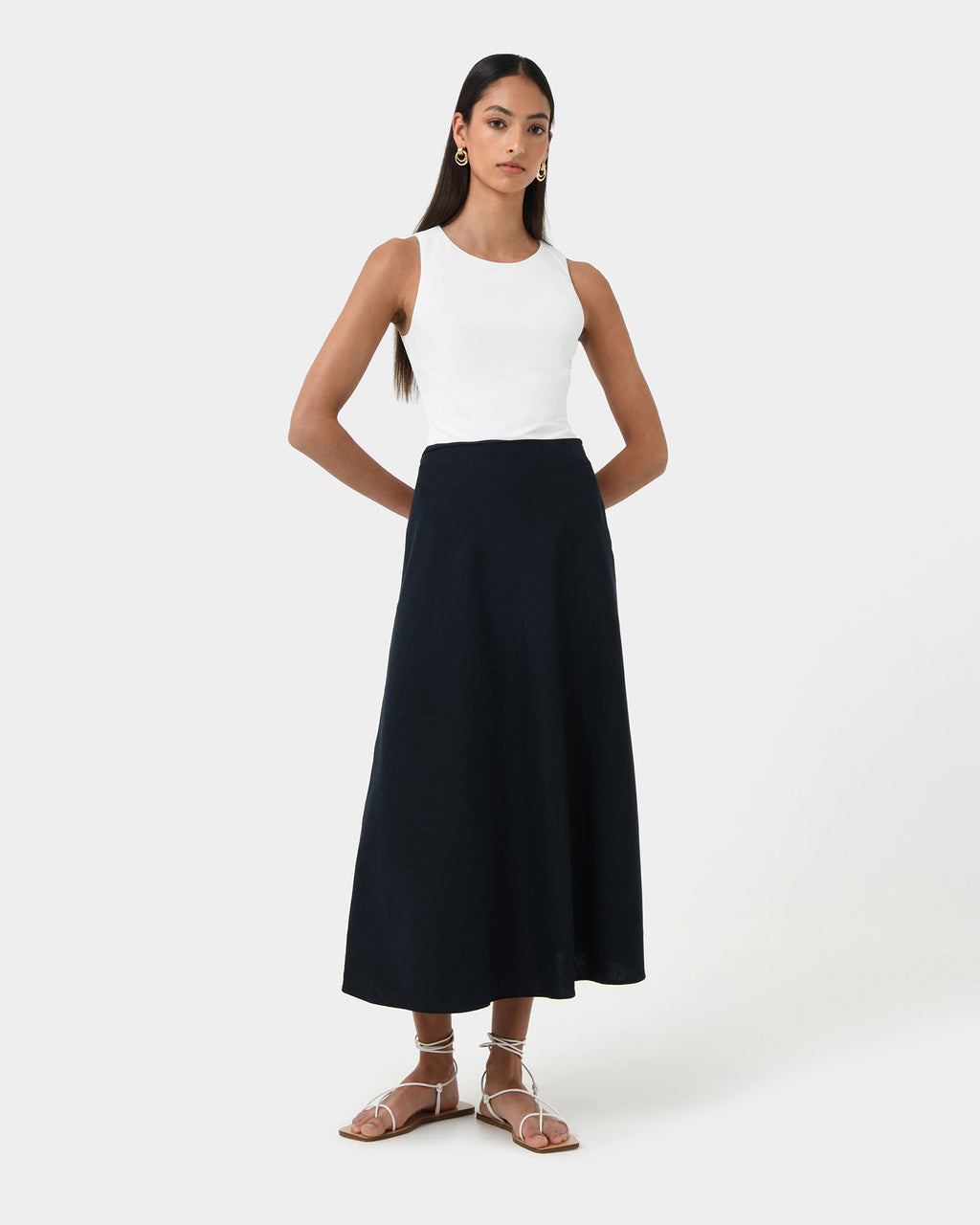 Kade Linen Blend Midi Skirt in navy — full-length view 2