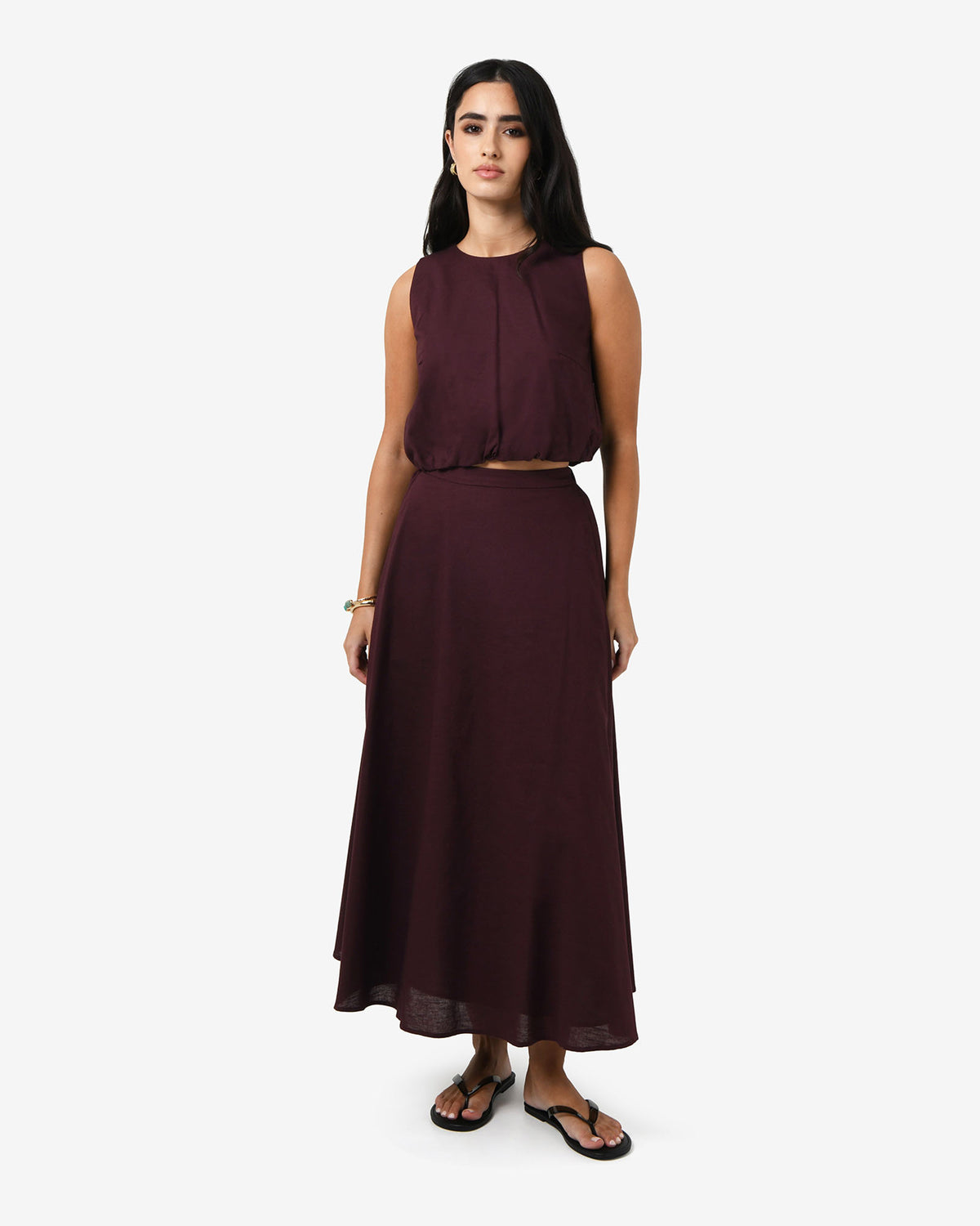 Kenya Linen Skirt in aubergine — full-length view