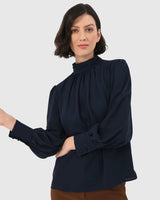 Korra High Neck Blouse in navy — close-up view