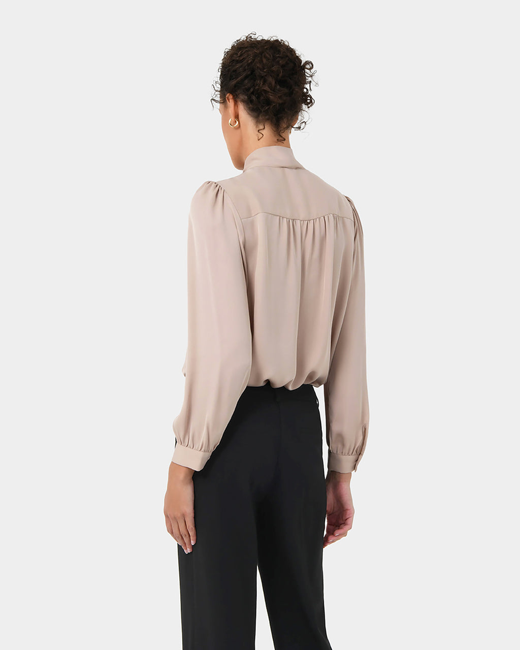 Serene Tie Neck Blouse in sand beige — back view