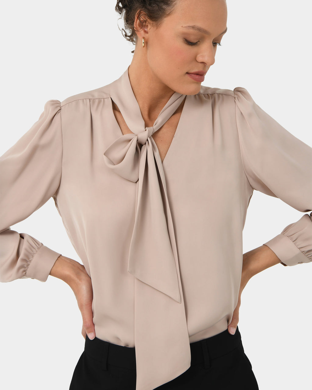 Serene Tie Neck Blouse in sand beige — close-up view