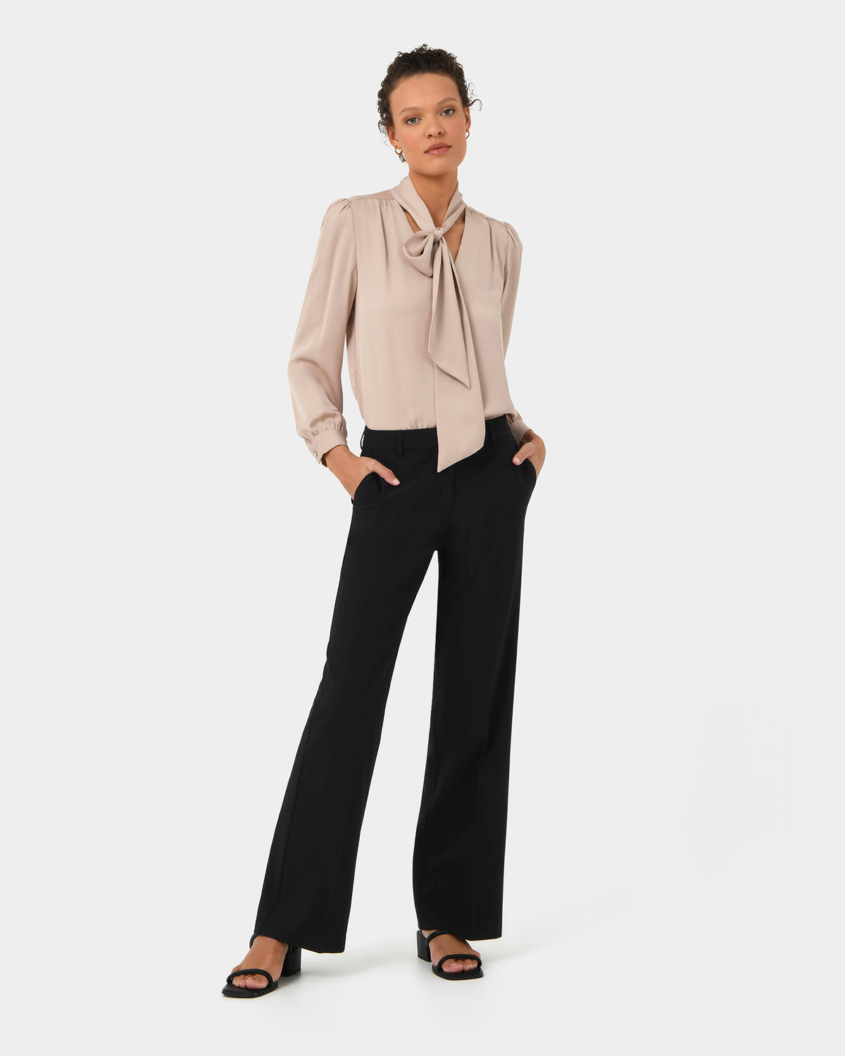 Serene Tie Neck Blouse in sand beige — full-length view